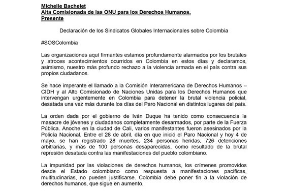 REPUDIO DE LA ISP y LA CONTRAM A LA REPRESION EN COLOMBIA.