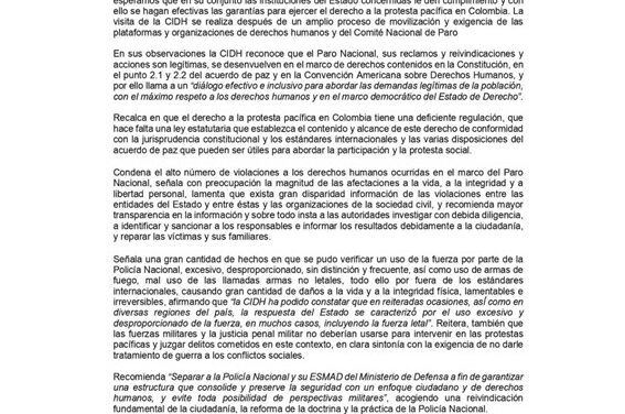 COLOMBIA: SE PRONUNCIAN LA CIDH Y EL COMITÉ NACIONAL DE PARO.