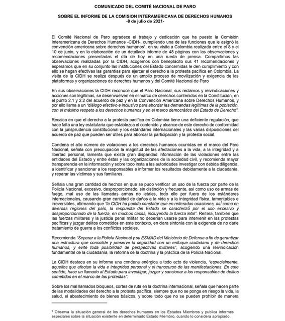 COLOMBIA: SE PRONUNCIAN LA CIDH Y EL COMITÉ NACIONAL DE PARO.