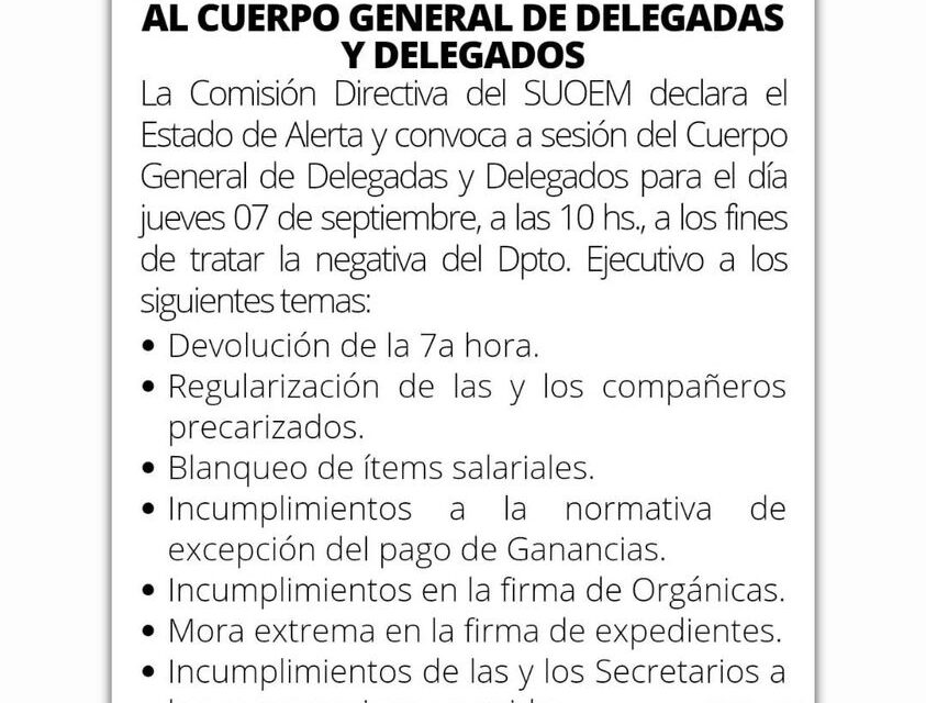 Estado de alerta y convocatoria al Cuerpo General  de Delegadas y Delegados