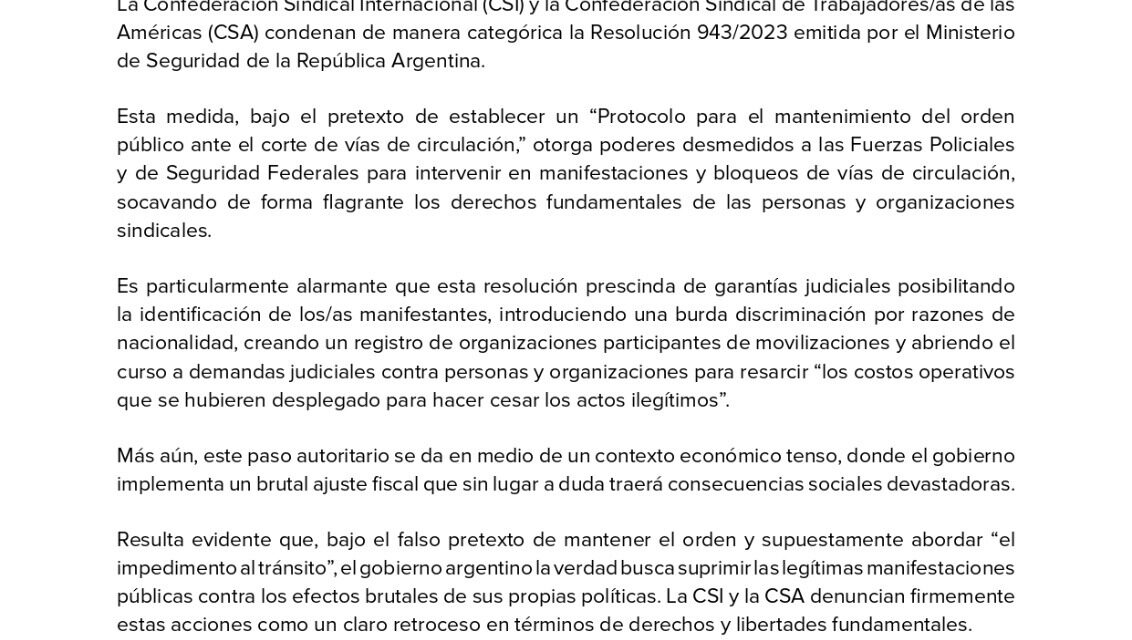 OIT: PRESENTACIÓN CONJUNTA DE LAS CENTRALES SINDICALES ARGENTINAS CONTRA EL PROTOCOLO ANTIMARCHAS.